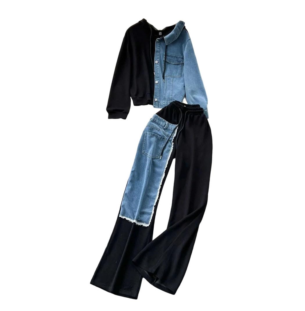 Women’s Denim Patchwork Hoodie Tracksuit Set