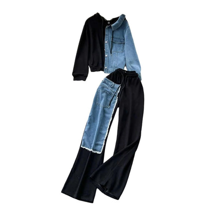 Women’s Denim Patchwork Hoodie Tracksuit Set
