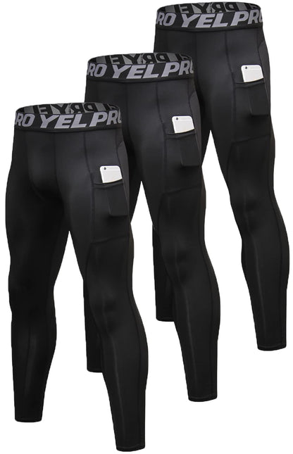 Men’s 3-Pack Compression Leggings with Pockets