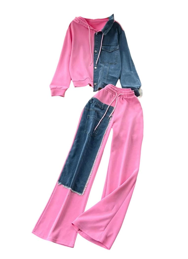 Women’s Denim Patchwork Hoodie Tracksuit Set