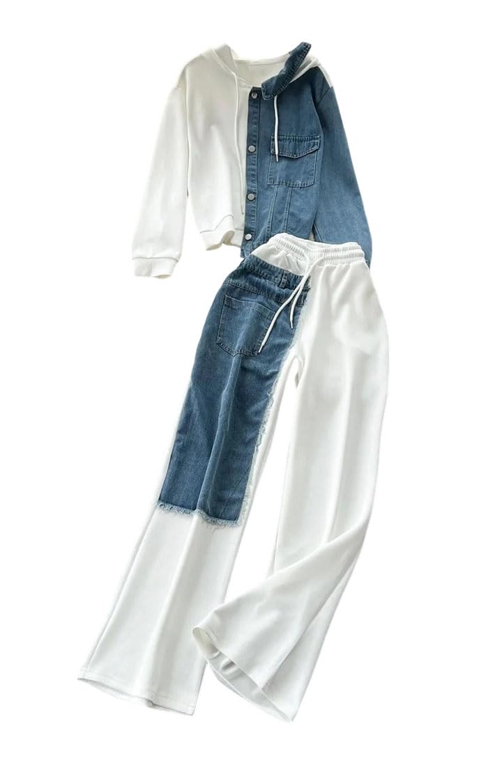 Women’s Denim Patchwork Hoodie Tracksuit Set