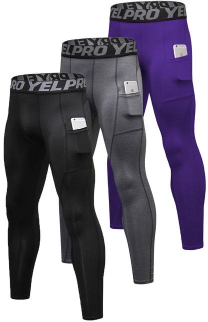 Men’s 3-Pack Compression Leggings with Pockets