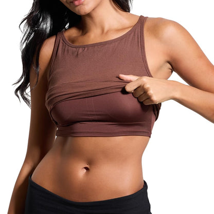 Women’s Ribbed Boat Neck Tank Top with Built-In Bra