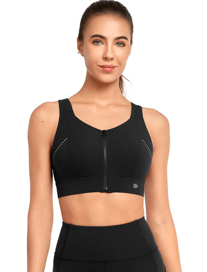 Women’s Adjustable High Impact Sports Bra with Front Zip and Mesh Support