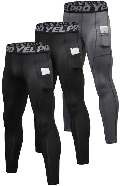 Men’s 3-Pack Compression Leggings with Pockets