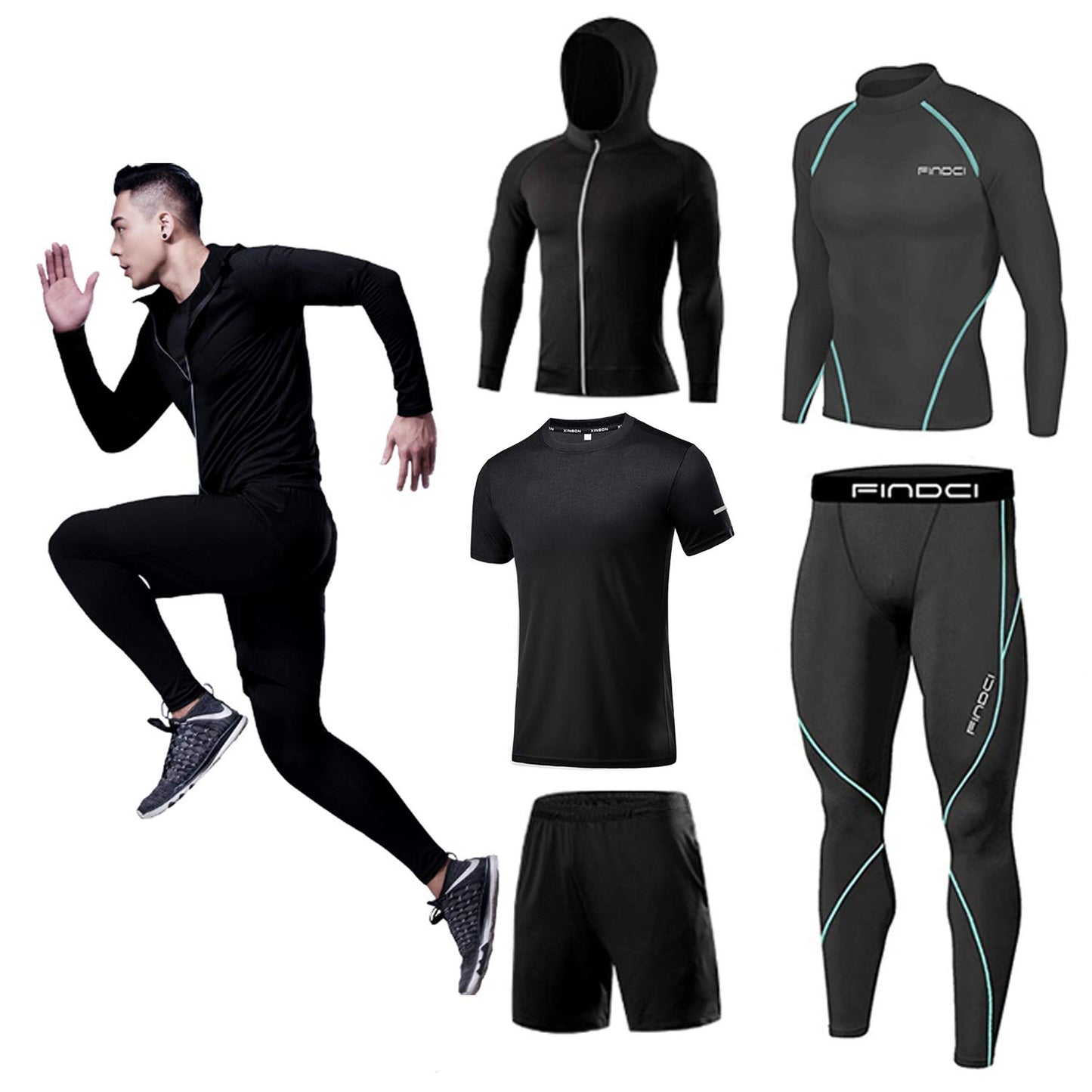 Men’s 5-Piece Workout Set with Compression Pants, Shirt and Jacket