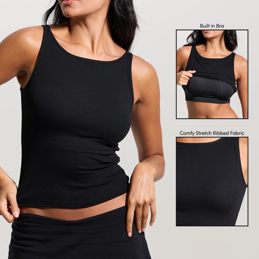 Women’s Ribbed Boat Neck Tank Top with Built-In Bra