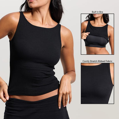 Women’s Ribbed Boat Neck Tank Top with Built-In Bra