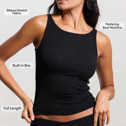 Women’s Ribbed Boat Neck Tank Top with Built-In Bra