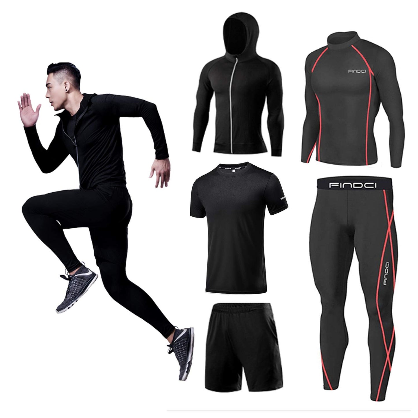 Men’s 5-Piece Workout Set with Compression Pants, Shirt and Jacket