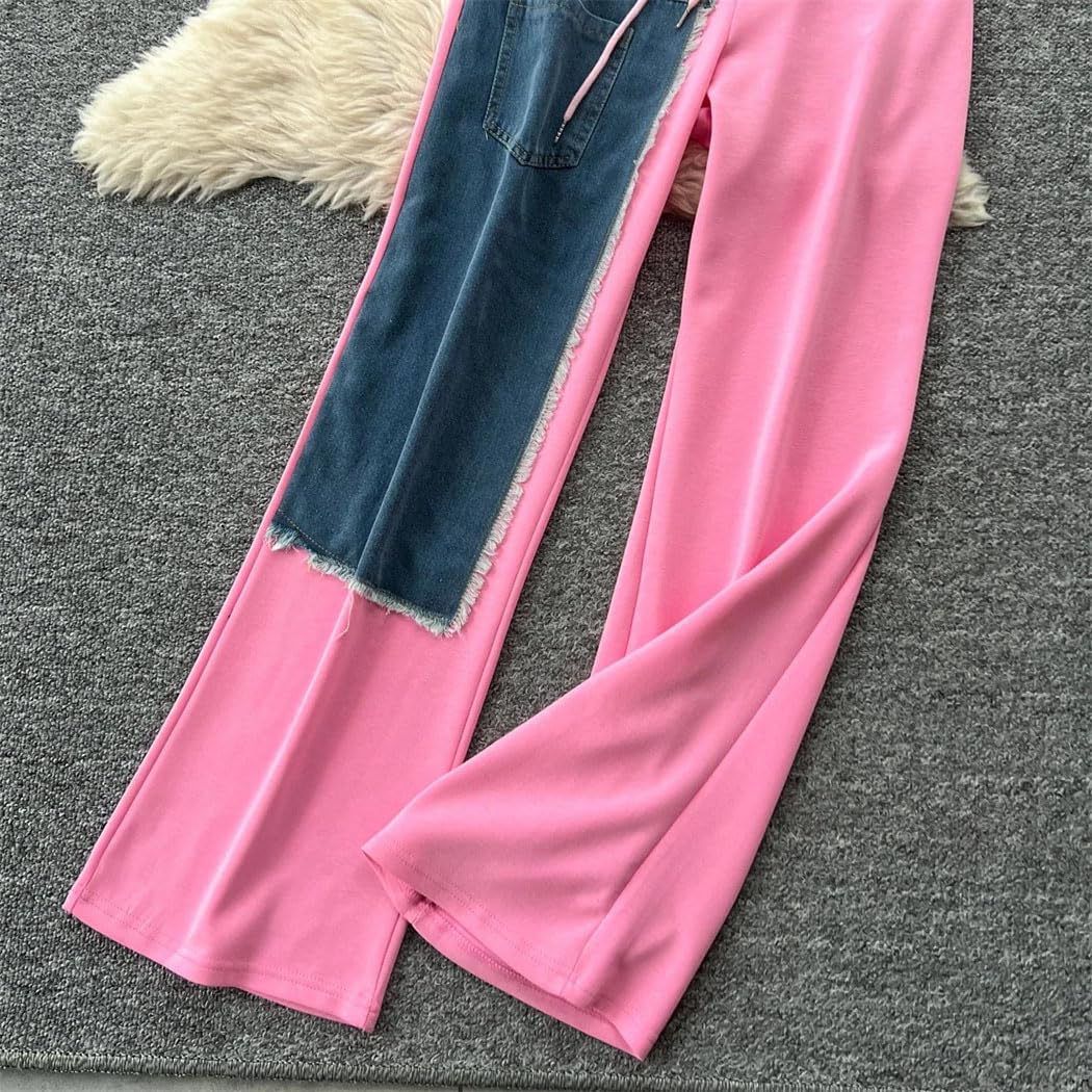 Women’s Denim Patchwork Hoodie Tracksuit Set