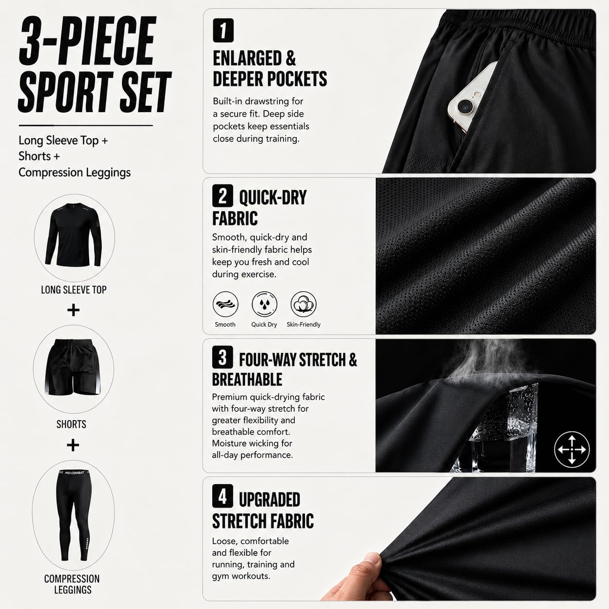 Men’s 3-Piece Quick Dry Athletic Tracksuit Set