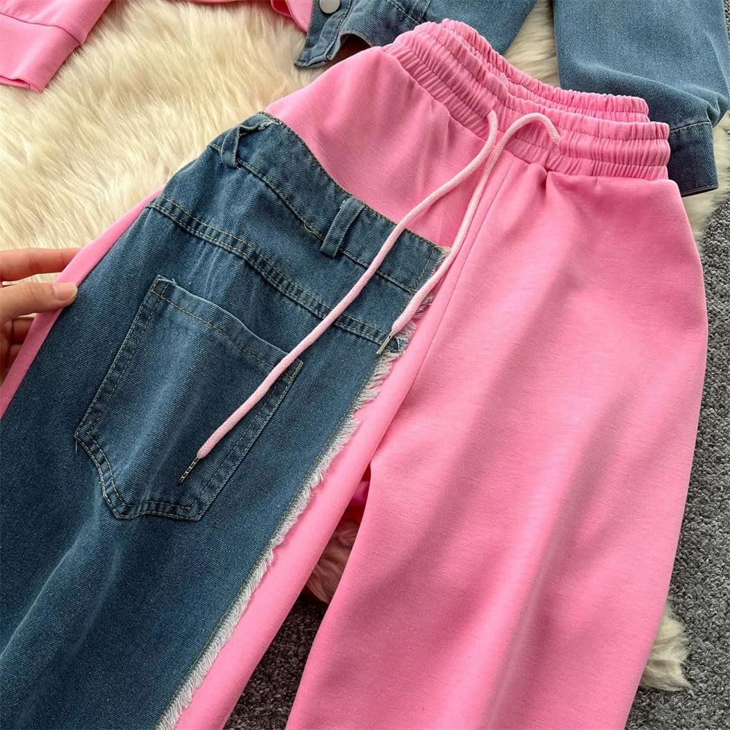 Women’s Denim Patchwork Hoodie Tracksuit Set