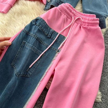Women’s Denim Patchwork Hoodie Tracksuit Set