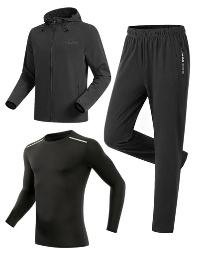 Men’s 3-Piece Windproof Tracksuit Set with Jacket and Joggers