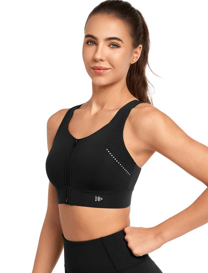 Women’s Adjustable High Impact Sports Bra with Front Zip and Mesh Support