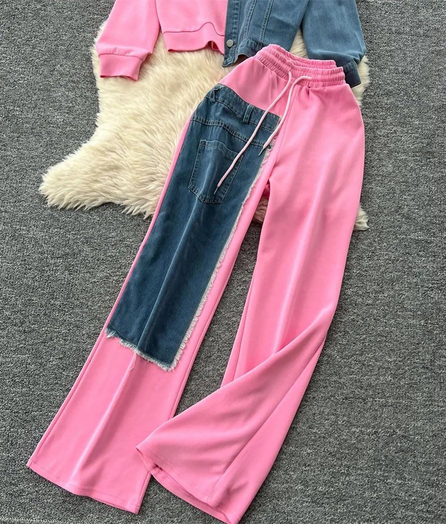 Women’s Denim Patchwork Hoodie Tracksuit Set