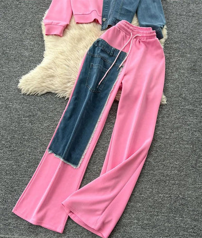 Women’s Denim Patchwork Hoodie Tracksuit Set