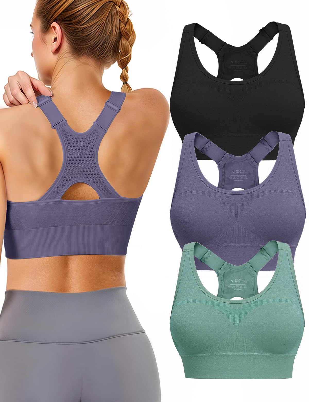 Women’s 3-Pack High Support Padded Racerback Sports Bras