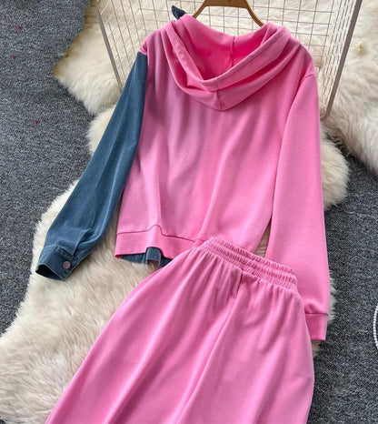 Women’s Denim Patchwork Hoodie Tracksuit Set