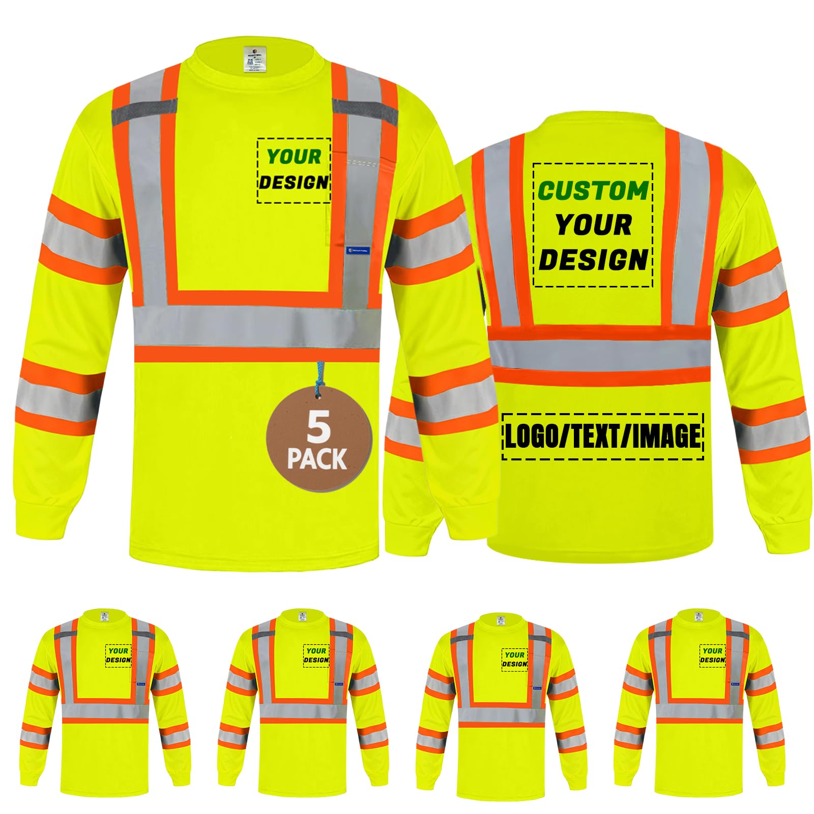 Unisex High Visibility Long Sleeve Reflective Safety Shirt with Pocket